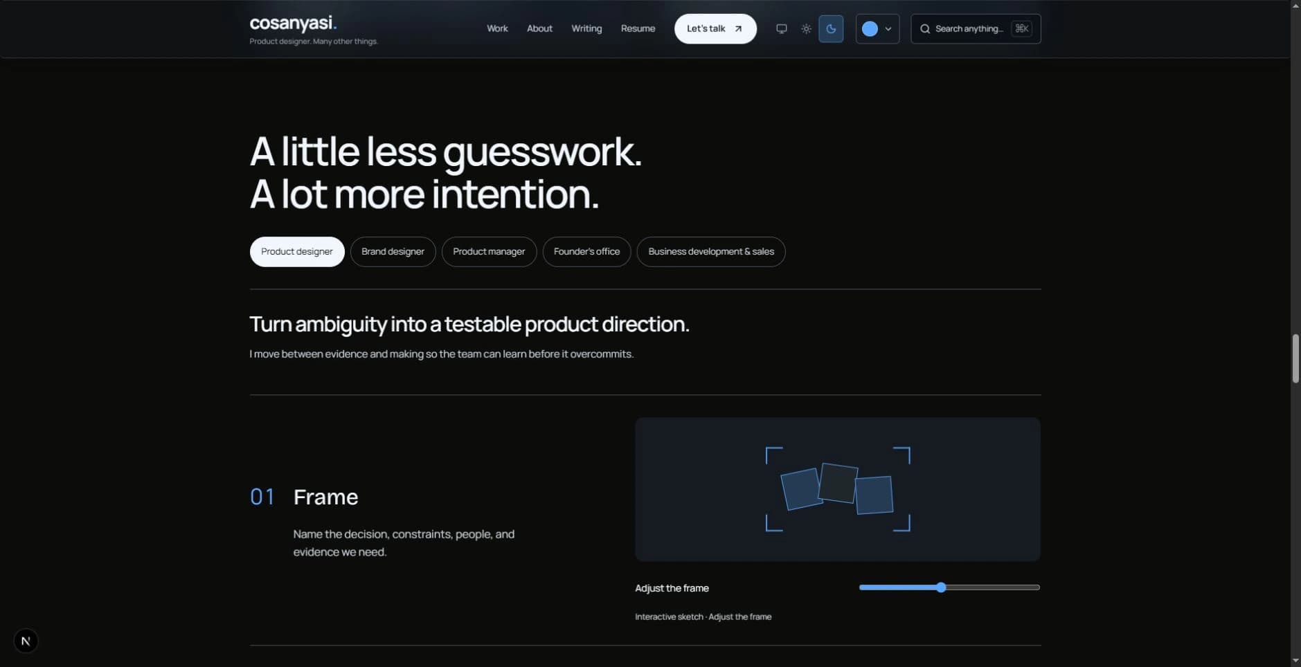 The homepage approach section with five role tabs, a slider, and controls for testing a direction.