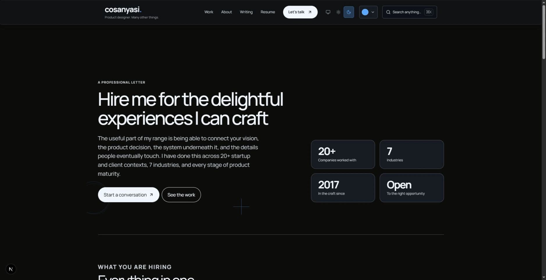 The first Why hire me page with a direct statement about crafting experiences.