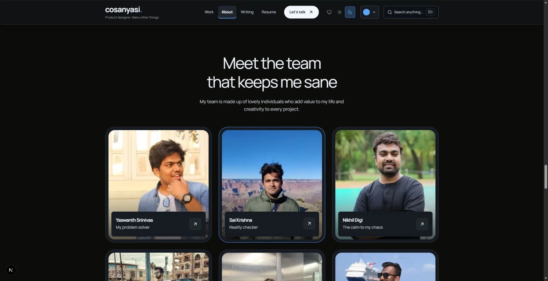The About page introduces friends in photo cards under Meet the team that keeps me sane.