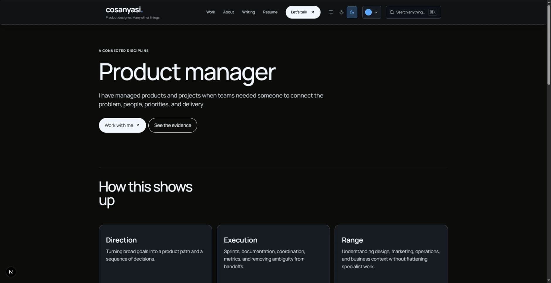 The product manager page explaining another role alongside the product design portfolio.