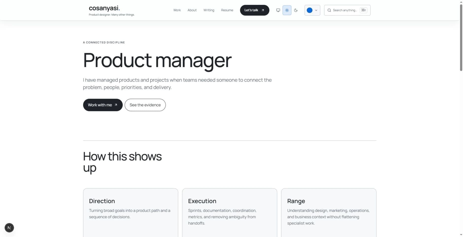 The product manager page explaining another role alongside the product design portfolio.