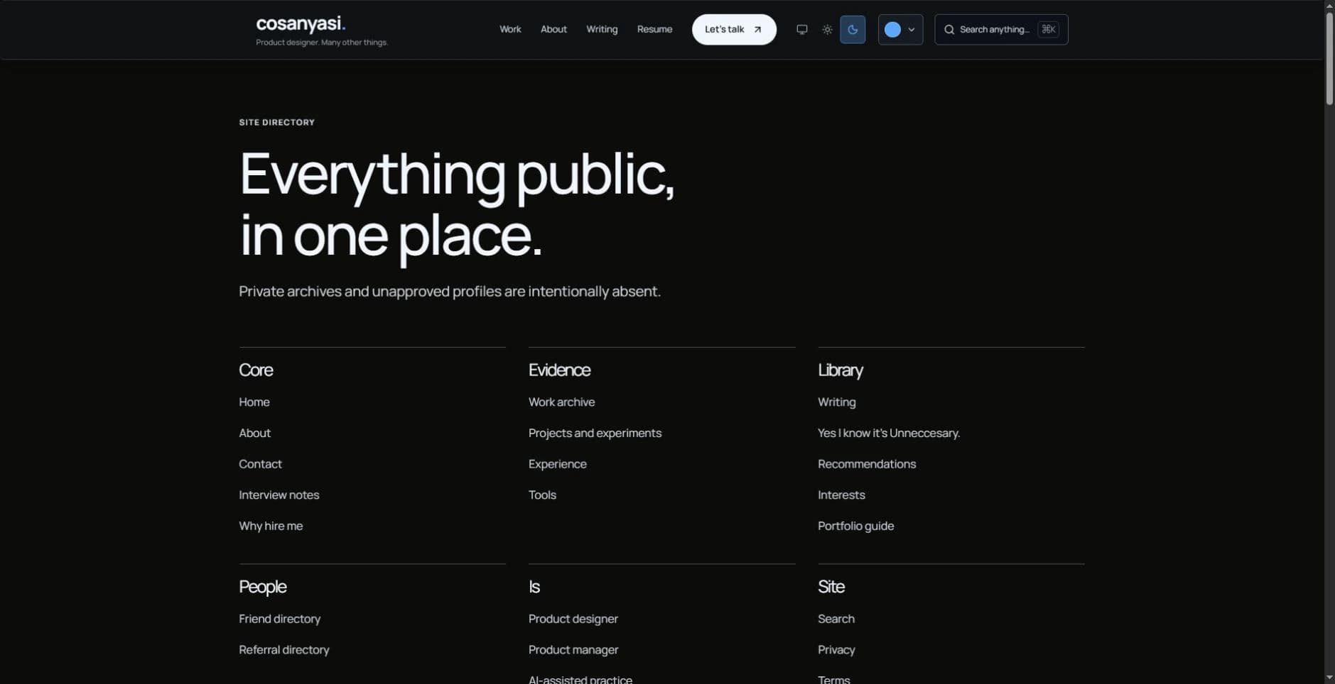 The human-readable sitemap groups work, roles, writing, and personal pages.