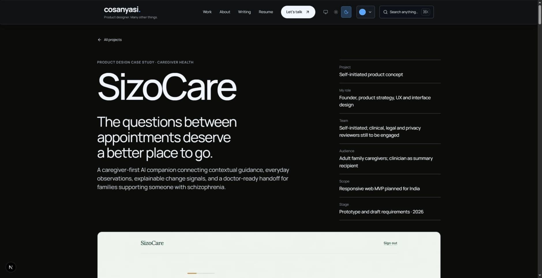 The SizoCare case study opens with a distinct caregiver-focused composition.