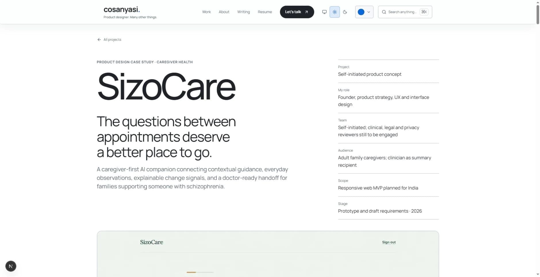 The SizoCare case study opens with a distinct caregiver-focused composition.