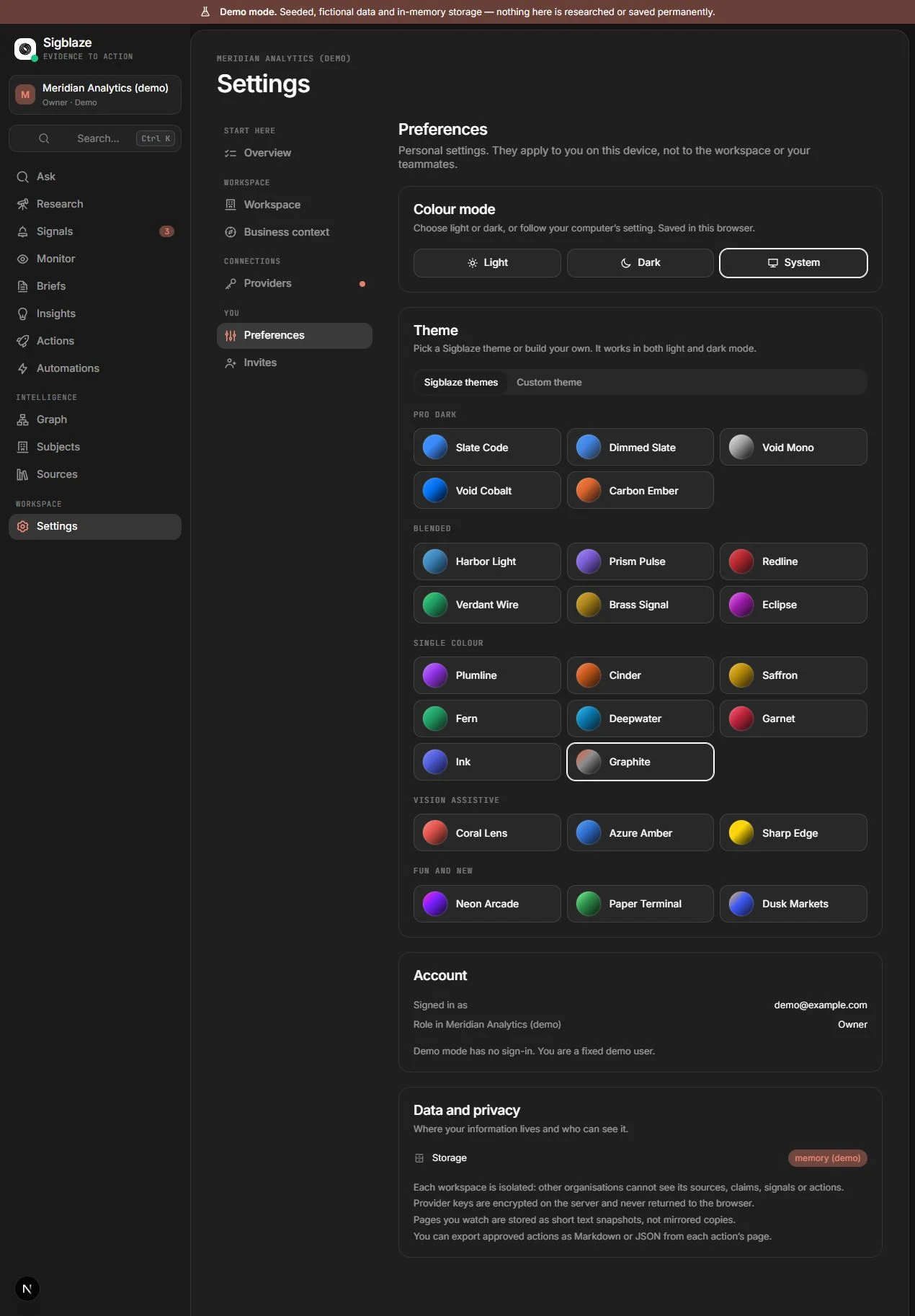 The actual preferences screen separates personal colour/theme choices from workspace settings. Presets and custom palettes are implemented.
