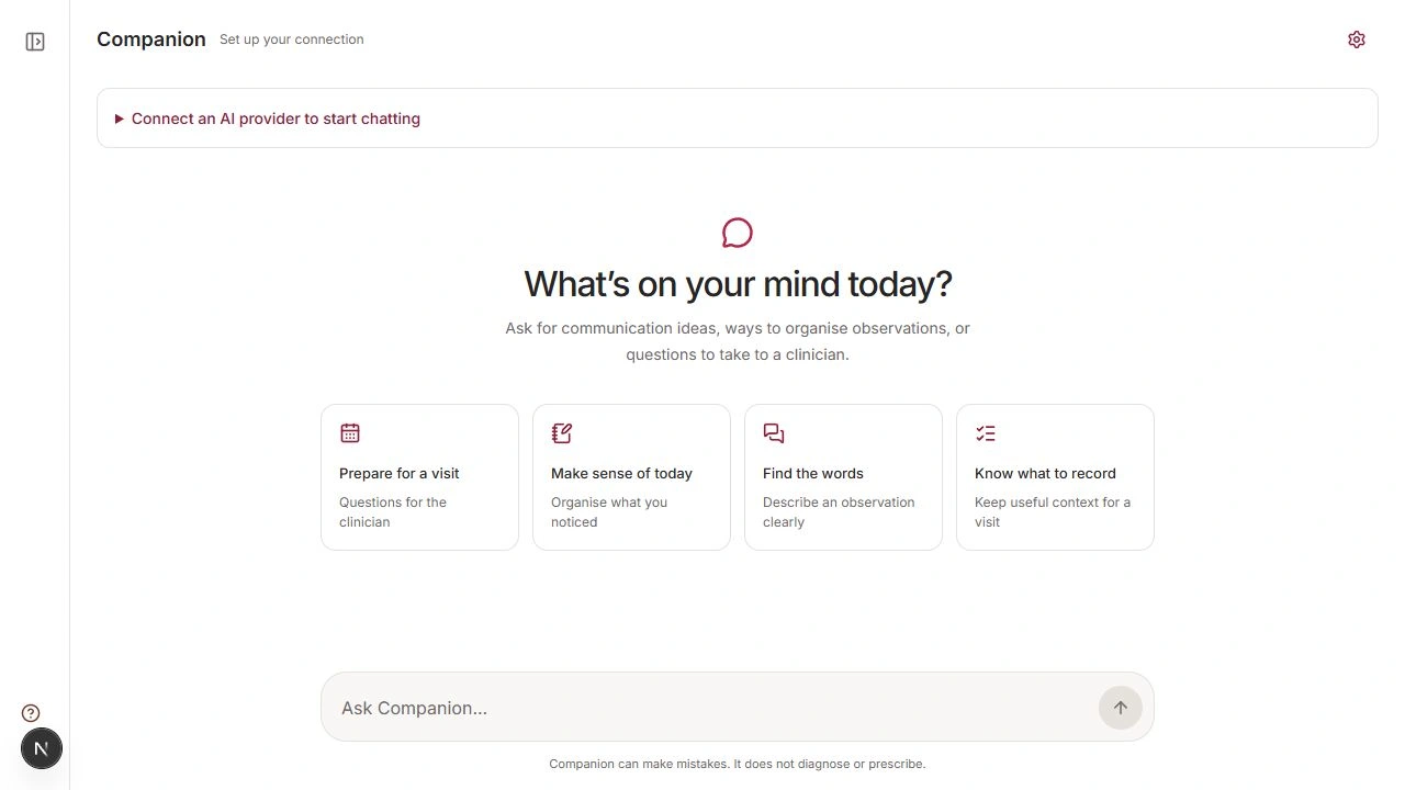 Actual SizoCare Companion start screen with conversation prompts and AI provider setup status