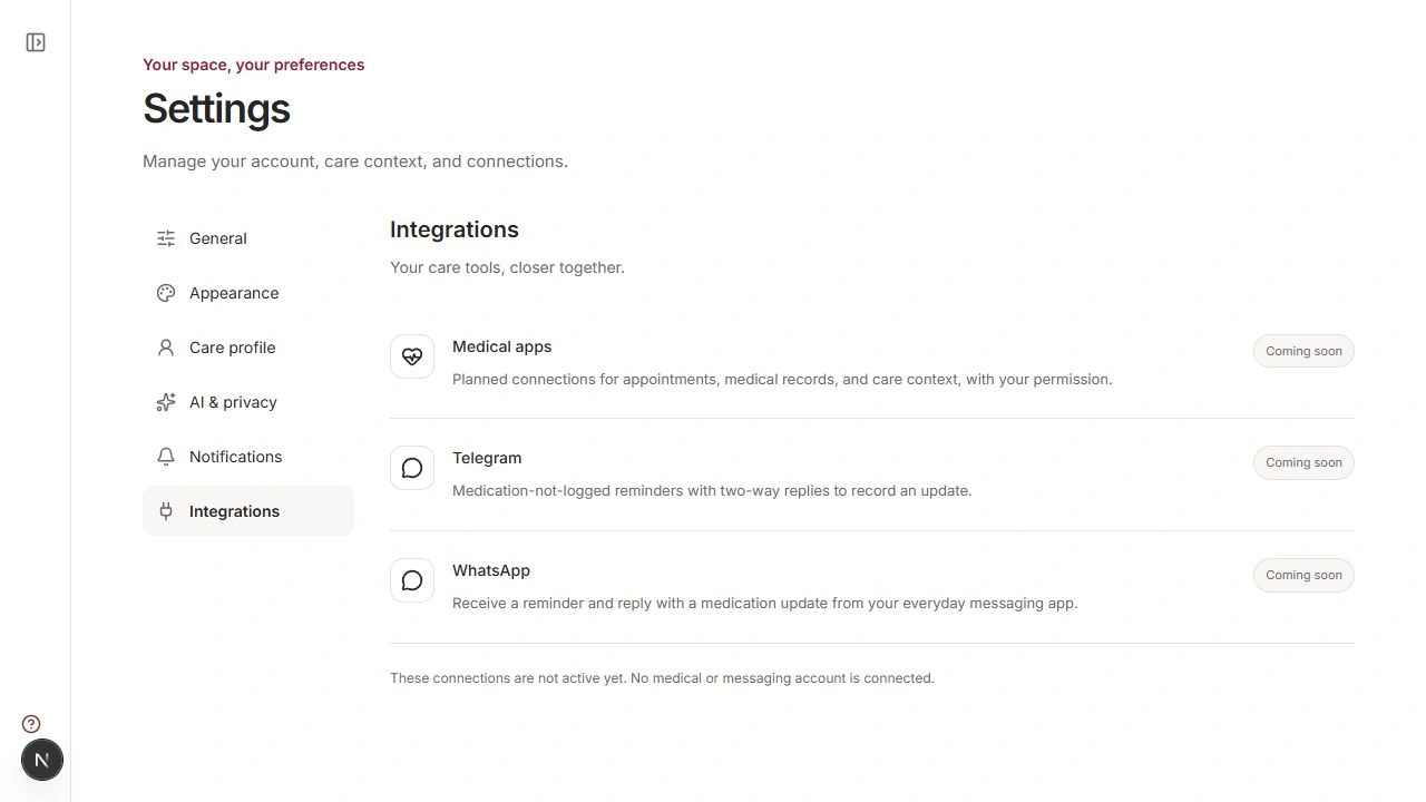 Actual SizoCare integration settings with medical apps, Telegram and WhatsApp marked coming soon